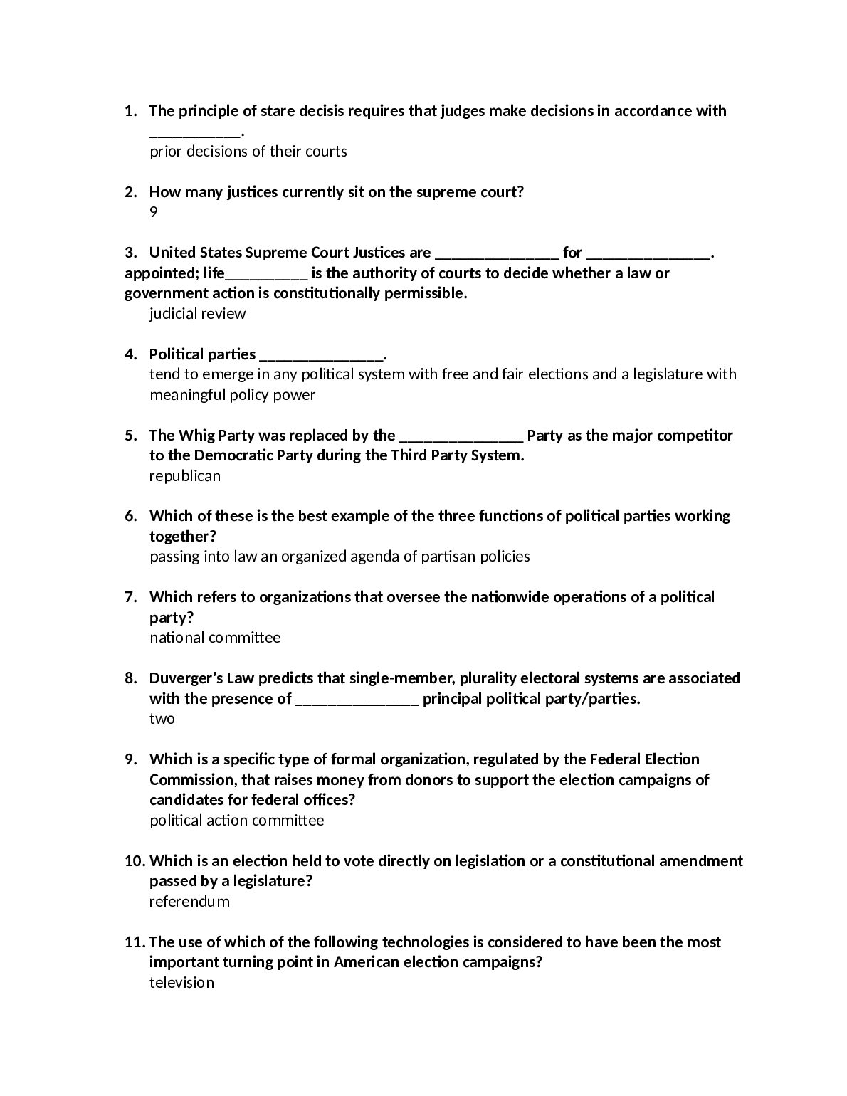 PSCI 110 American Government Questions preview image