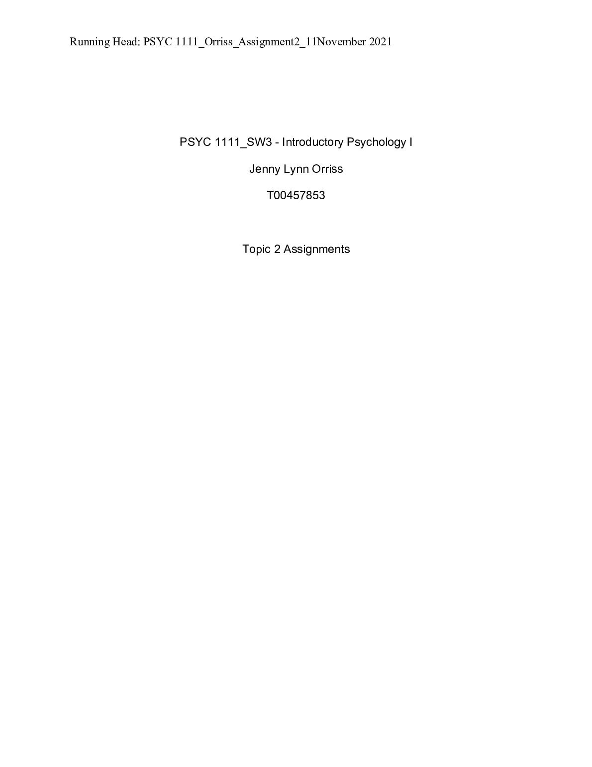 PSYC 1111_SW3 - Introductory Psychology I Assignment 2 preview image