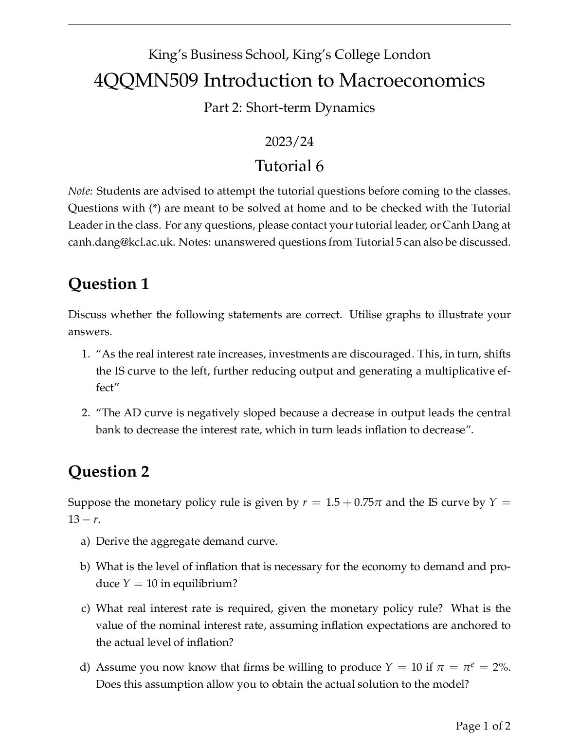 4QQMN 509 Introduction to Macroeconomics Part 2: Short-term Dynamics preview image