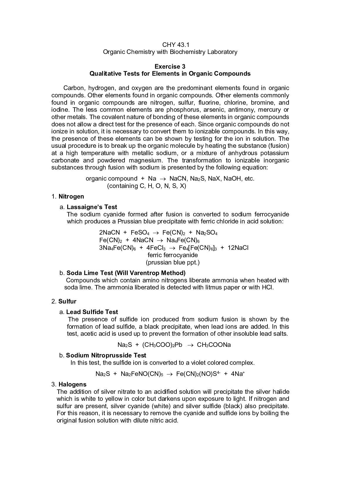 CHY 43.1  Organic Chemistry with Biochemistry Laboratory Exercise 3  Qualitative Tests for Elements in Organic Compounds preview image