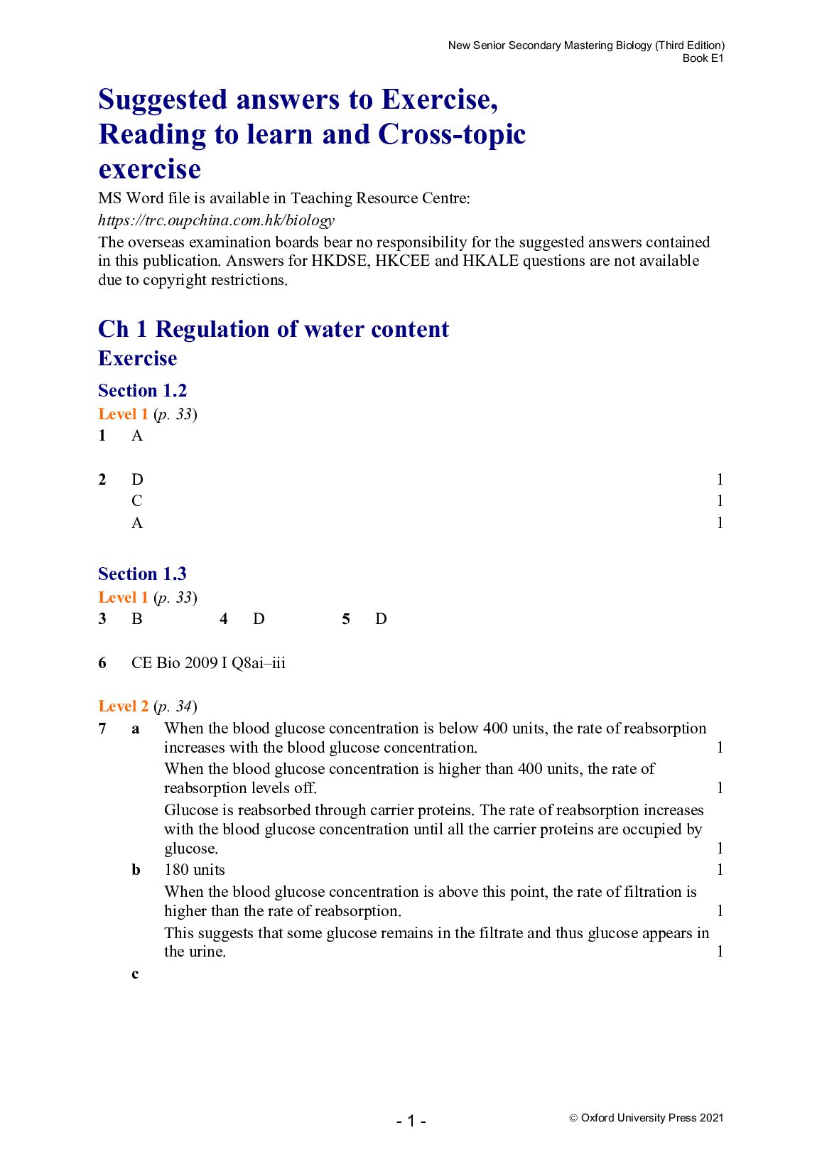 New Senior Secondary Mastering Biology (Third Edition) Book E1 Suggested answers to Exercise, Reading to learn and Cross... preview image