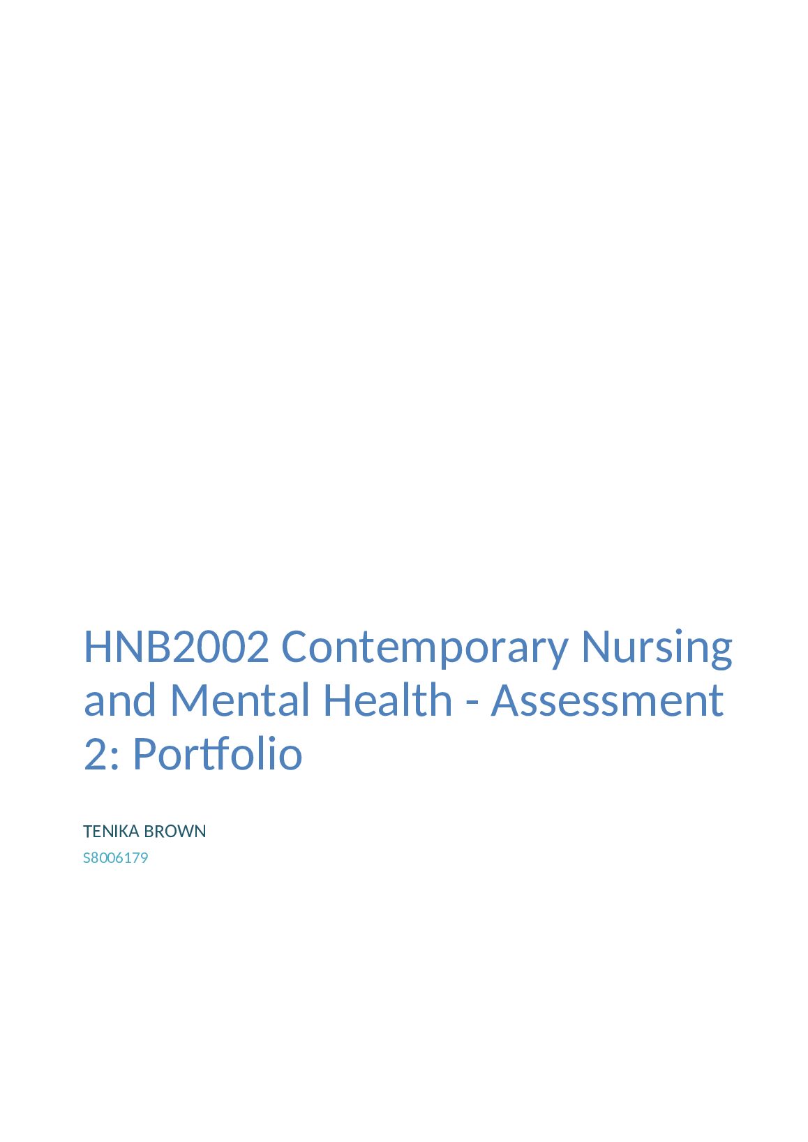 NURSING HNB2104 Mental Health Assessment Tenika Brown s8006179. preview image