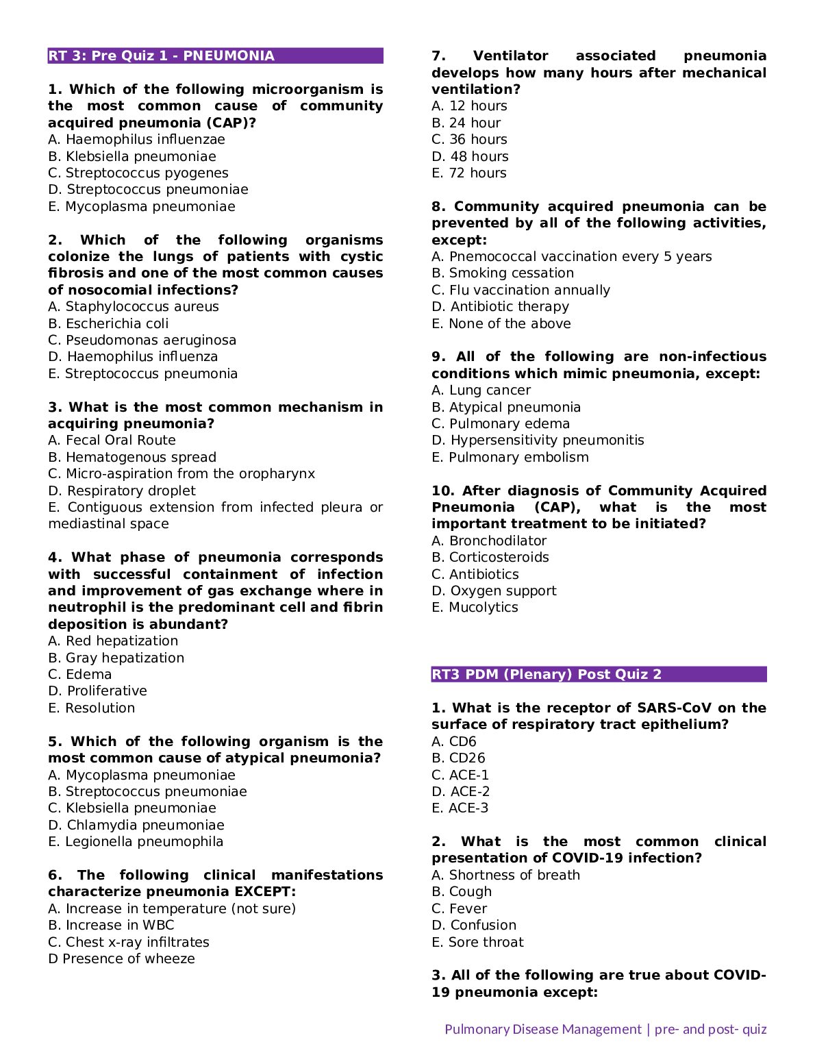 RT 3: Pre Quiz 1 - PNEUMONIA preview image