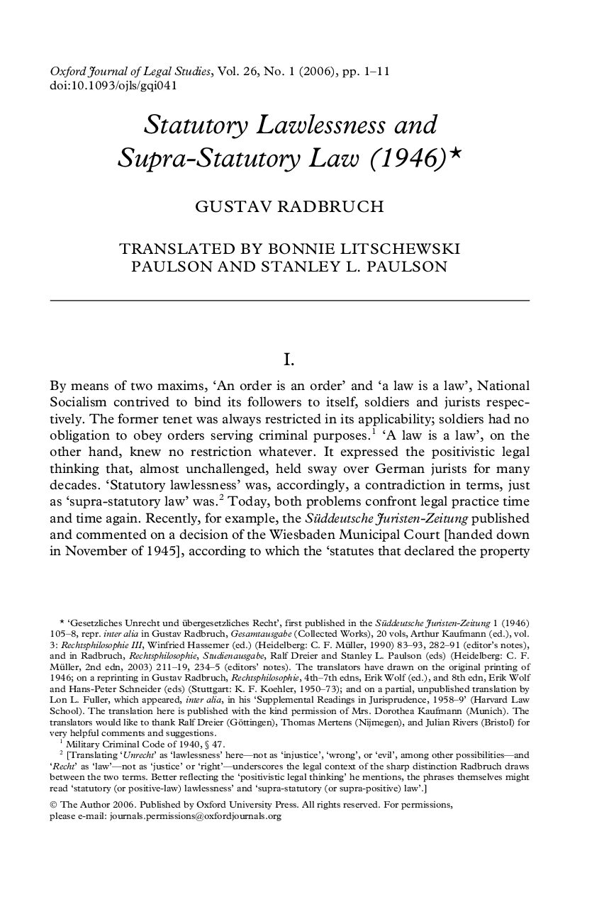Statutory Lawlessness and Supra-Statutory Law (1946)* GUSTAV RADBRUCH preview image