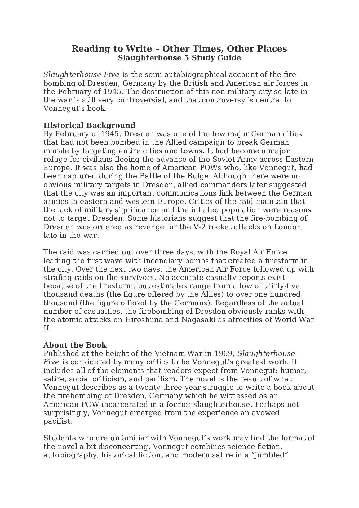 Slaughterhouse Study Guide Part 1 Reading to Write – Other Times, Other Places  Slaughterhouse 5 Study Guide preview image