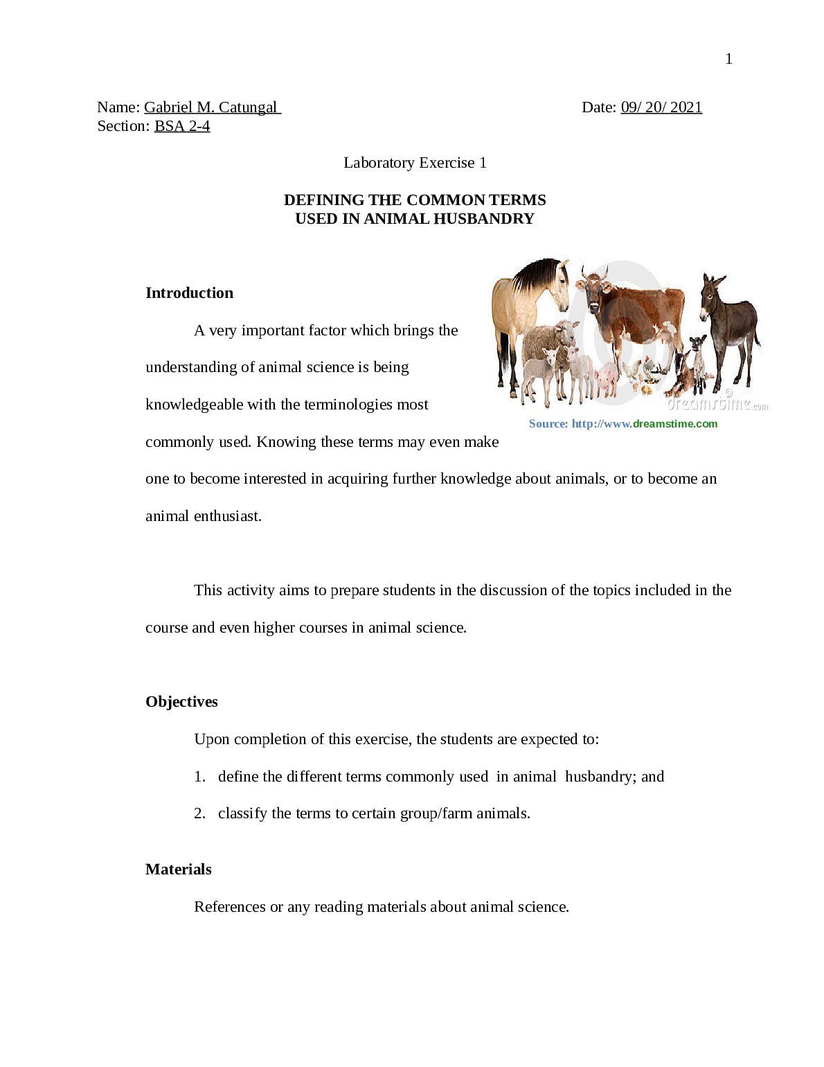Laboratory Exercise 1 DEFINING THE COMMON TERMS USED IN ANIMAL HUSBANDRY preview image