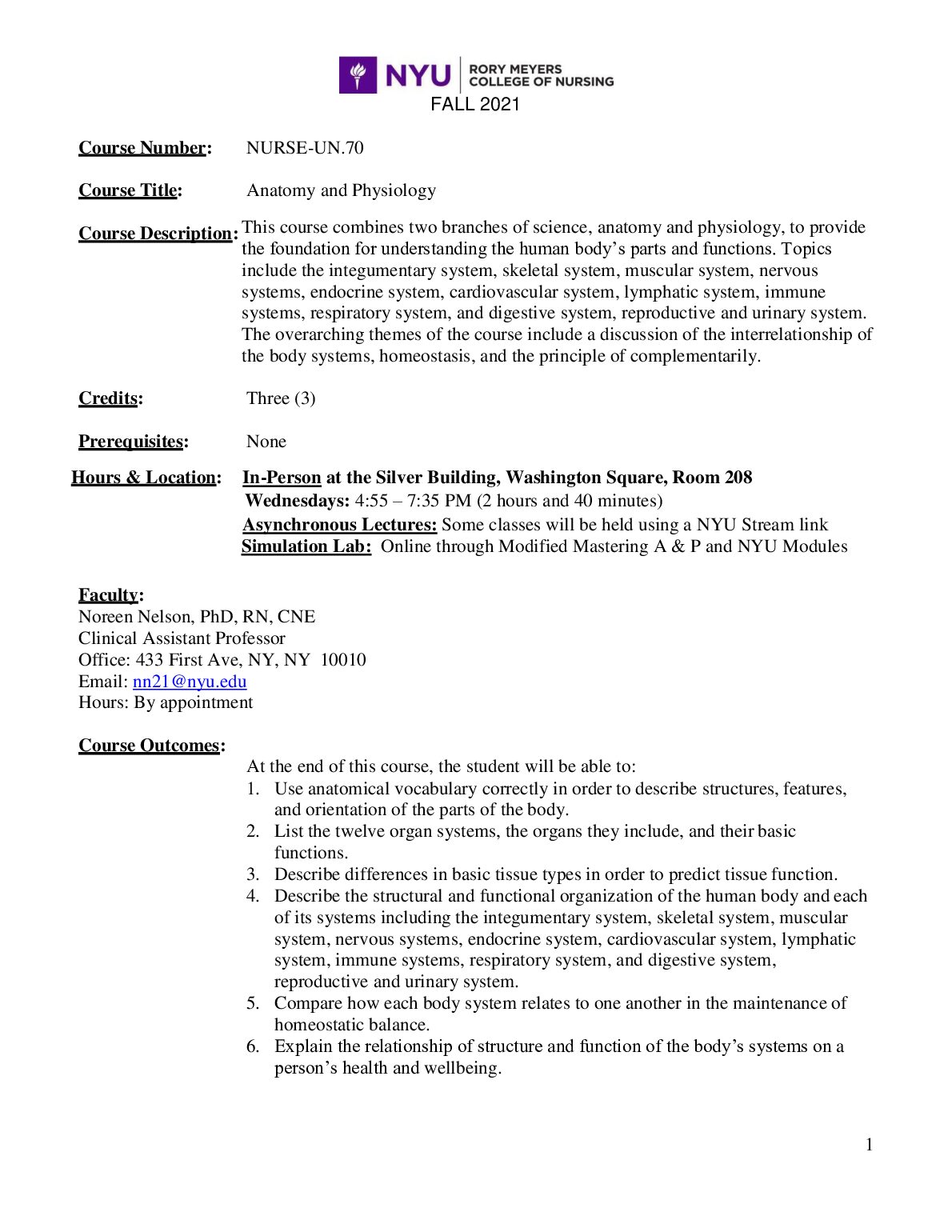NURSE-UN 70 SYLLABUS. Course Title: Anatomy and Physiology preview image
