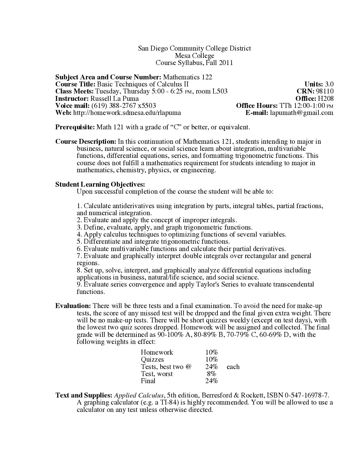 Mathematics 122 Basic Techniques of Calculus II Course Syllabus preview image