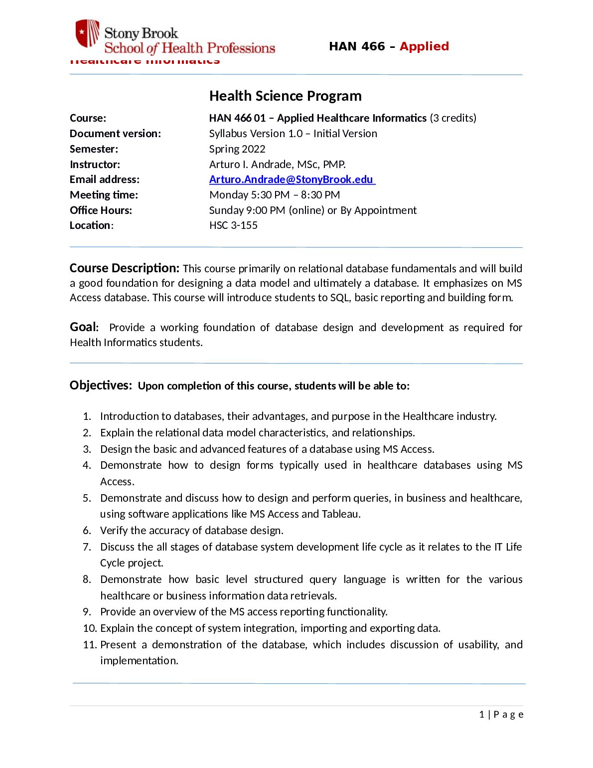 HAN 466 Syllabus Health Science Program preview image