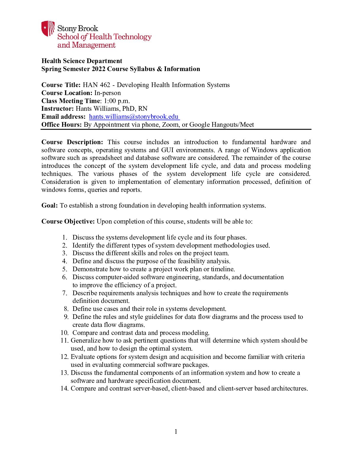 HAN 462 - Developing Health Information Systems Course Syllabus & Information preview image