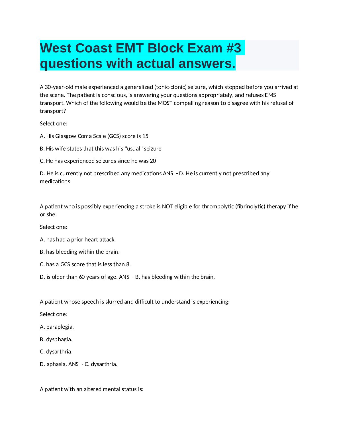 West Coast EMT Block Exam #3 questions with actual answers preview image