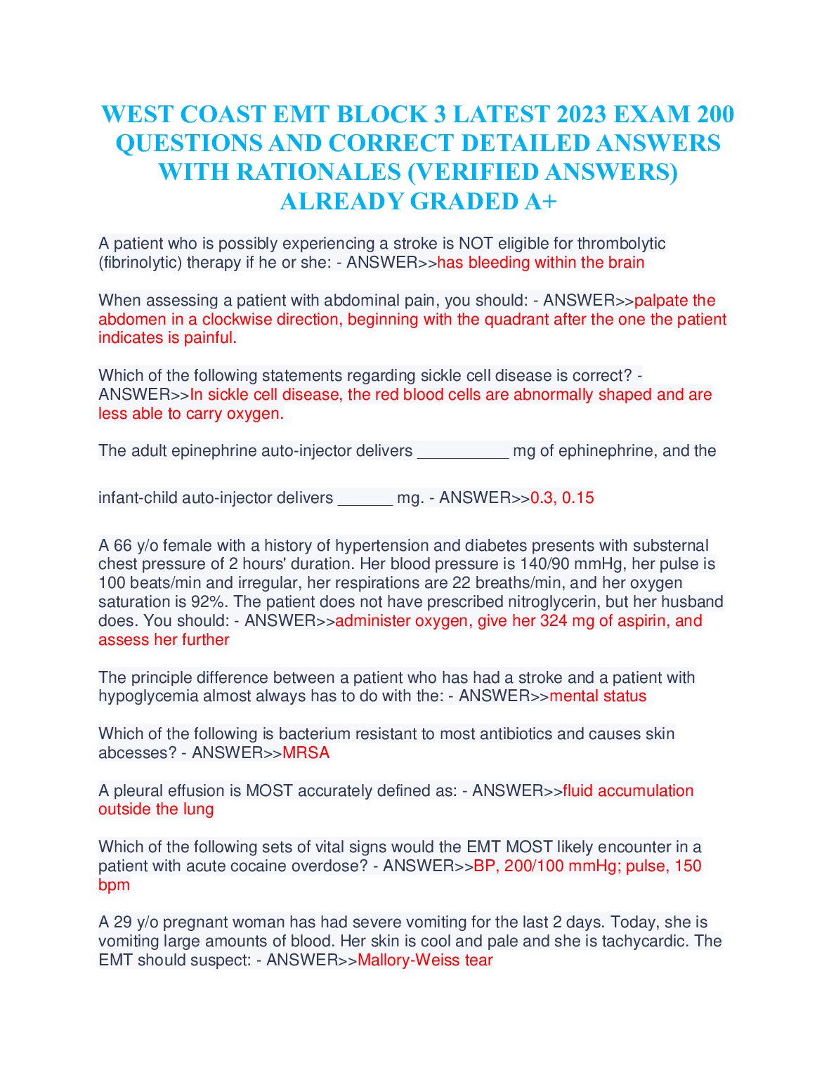 WEST COAST EMT BLOCK 3 EXAM 200 QUESTIONS AND CORRECT DETAILED ANSWERS preview image