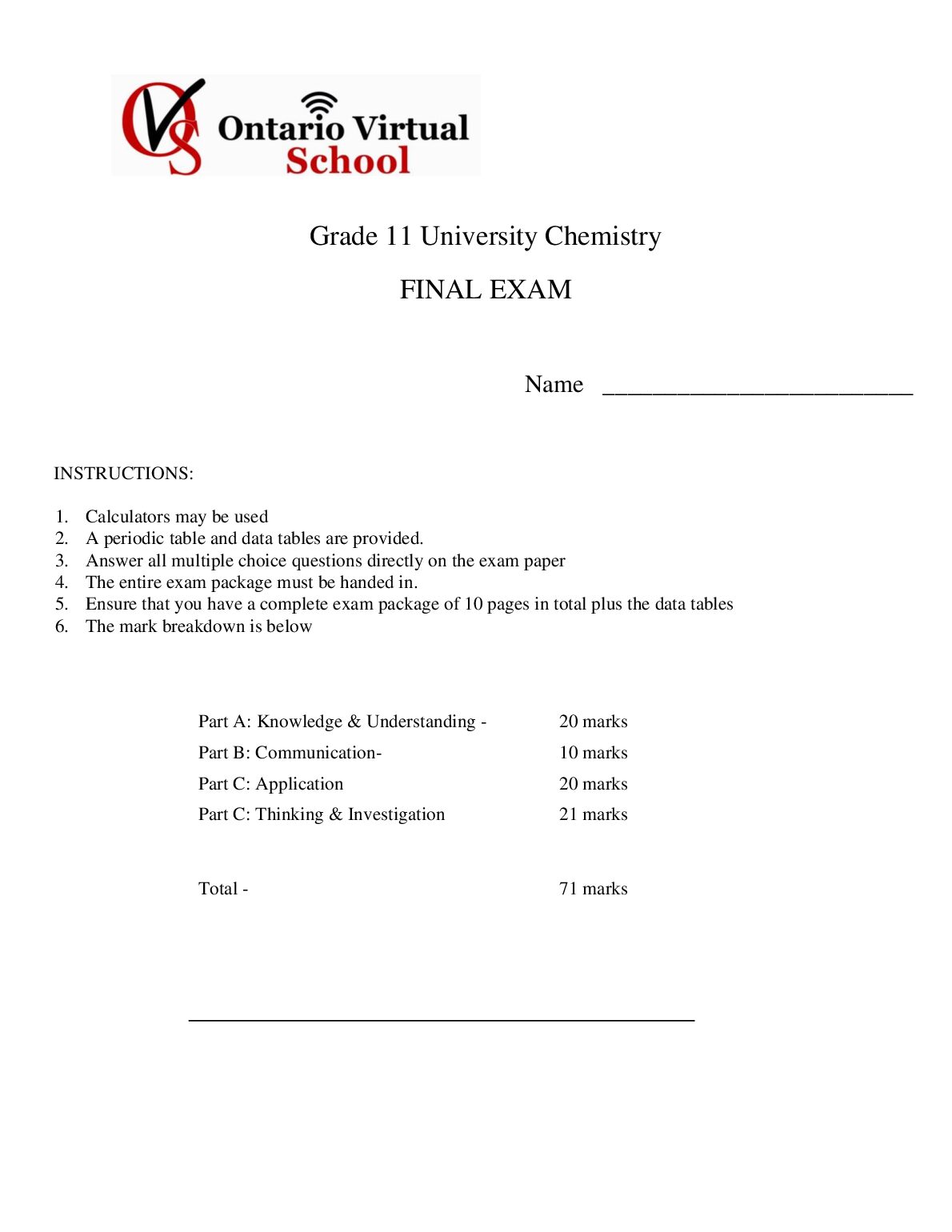 SCH 3UC Final exam  Grade 11 University Chemistry preview image