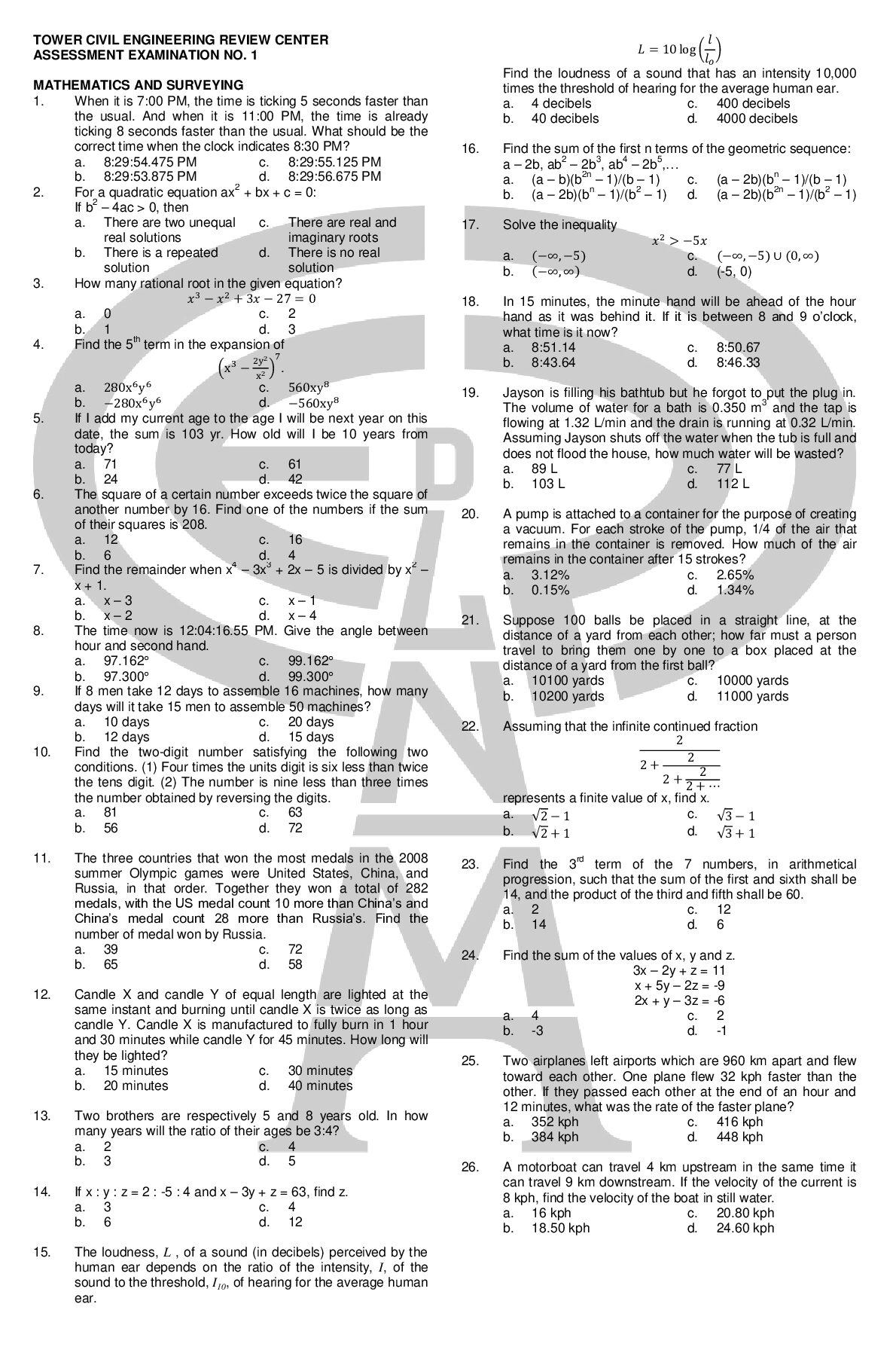 TOWER CIVIL ENGINEERING REVIEW CENTER ASSESSMENT EXAMINATION NO. 1 preview image