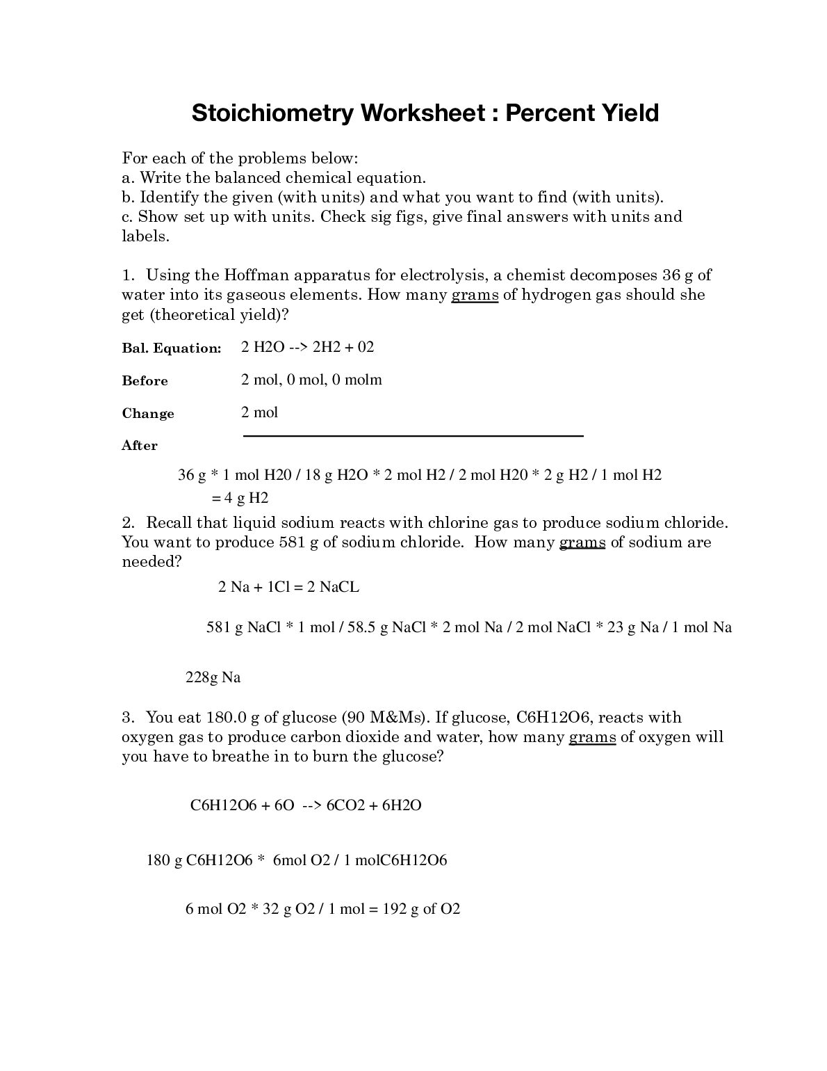 Stoichiometry Worksheet : Percent Yield preview image