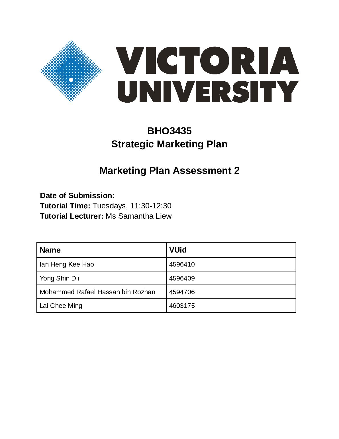 BHO3435 Strategic Marketing Plan Marketing Plan Assessment 2 preview image