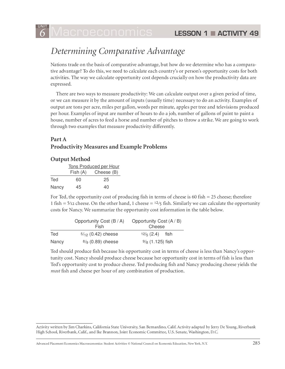 ECON 101  Determining Comparative Advantage | Worksheet - Unit 6, Lesson 1, Activity 49 preview image