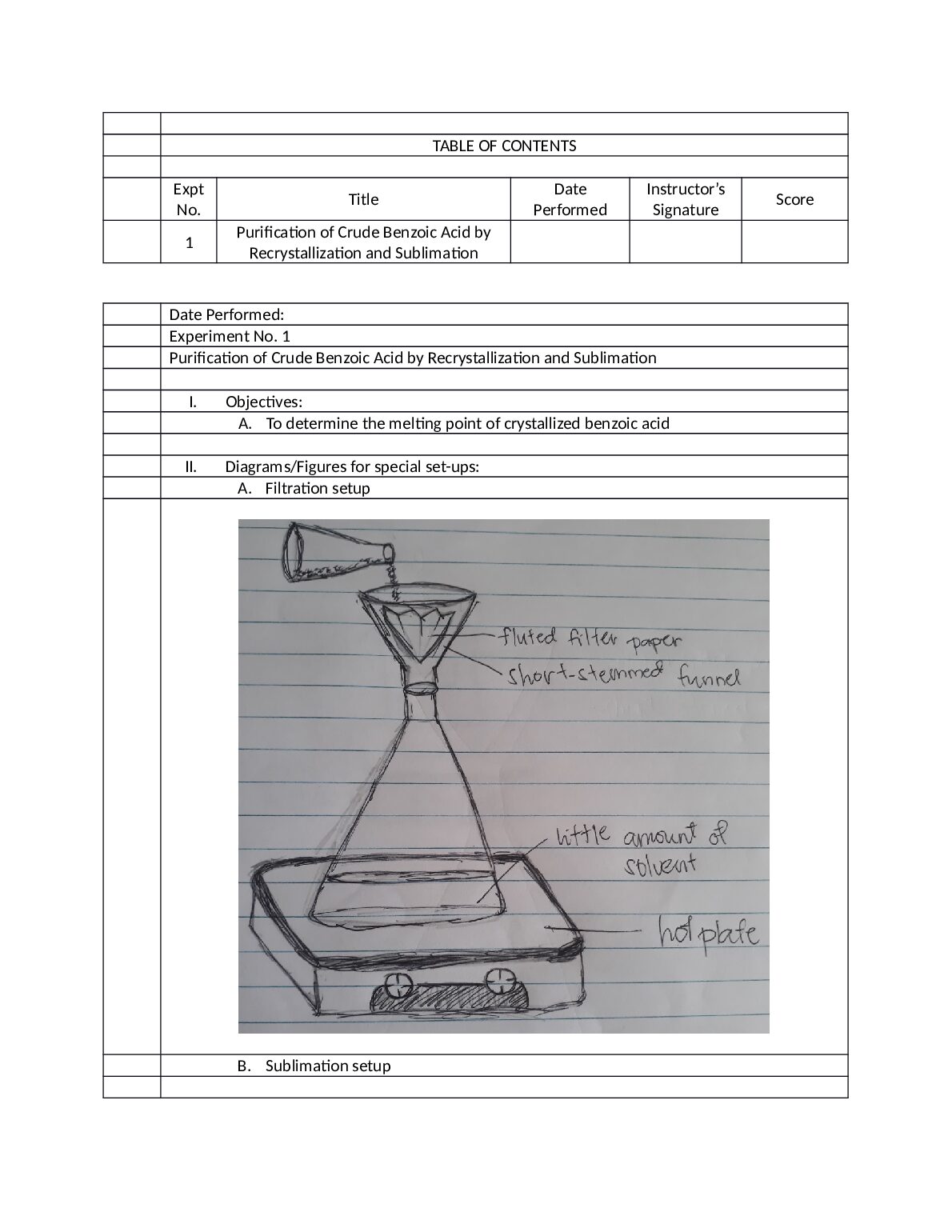 CHEM 261 Purification of Crude Benzoic Acid by Recrystallization and Sublimation PreLab Report. preview image