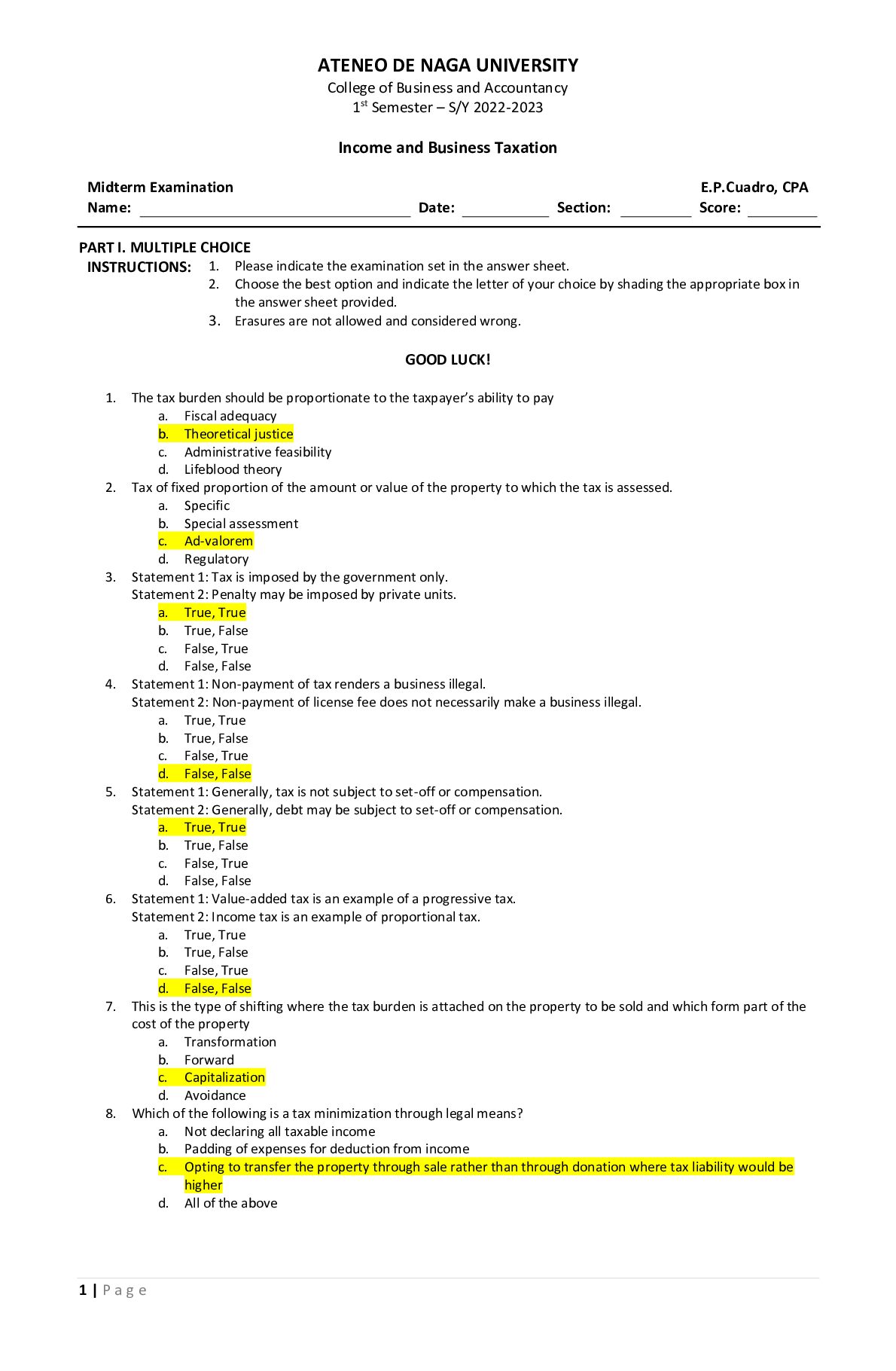 ATENEO DE NAGA UNIVERSITY College of Business and Accountancy 1 st Semester – S/Y 2022-2023 preview image