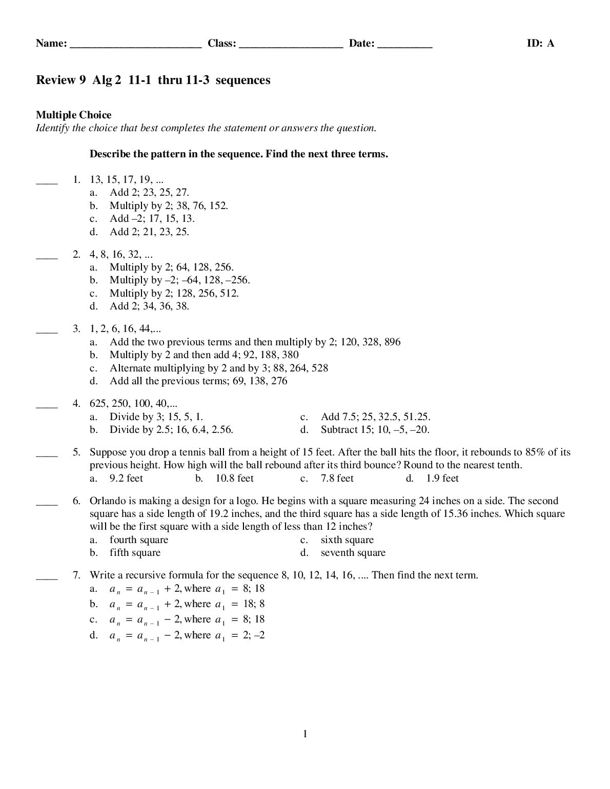 MATHEMATIC LINEAR ALGEBRA Review 9 Alg sequences preview image