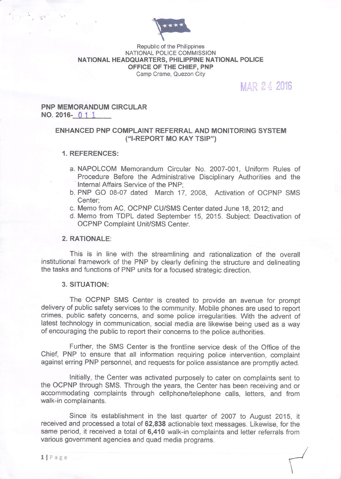 ENHANCED PNP COMPLAINT REFERRAL AND MONITORING SYSTEM  (“I-REPORT MO KAY TSIP”) preview image