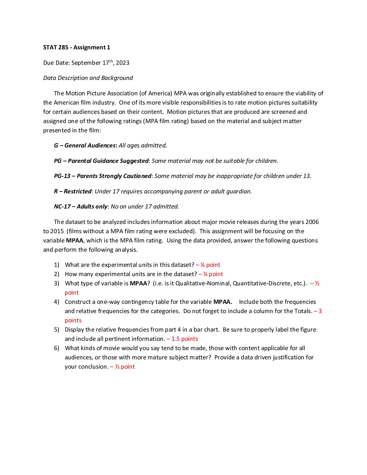 STAT 285 - Assignment 1 his assignment will be focusing on the variable MPAA, which is the MPA film rating preview image