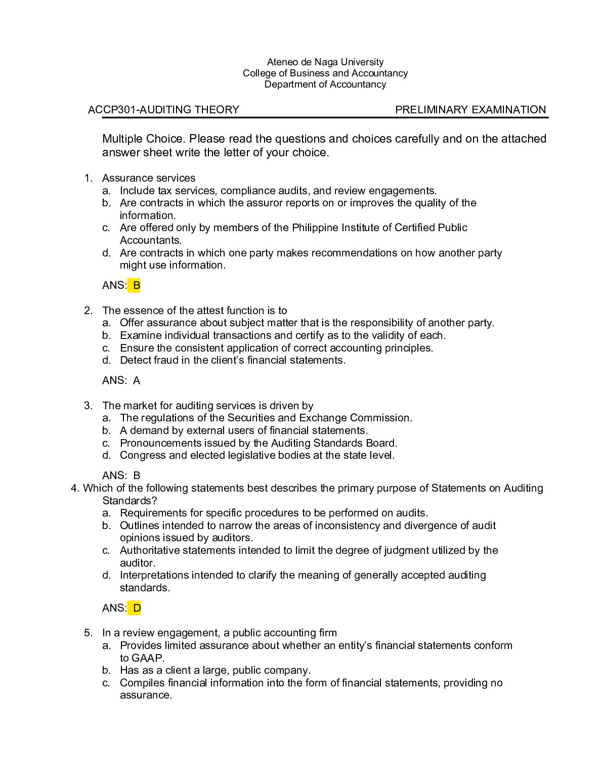 Ateneo de Naga University College of Business and Accountancy Department of Accountancy ACCP301-AUDITING THEORY PRELIMIN... preview image