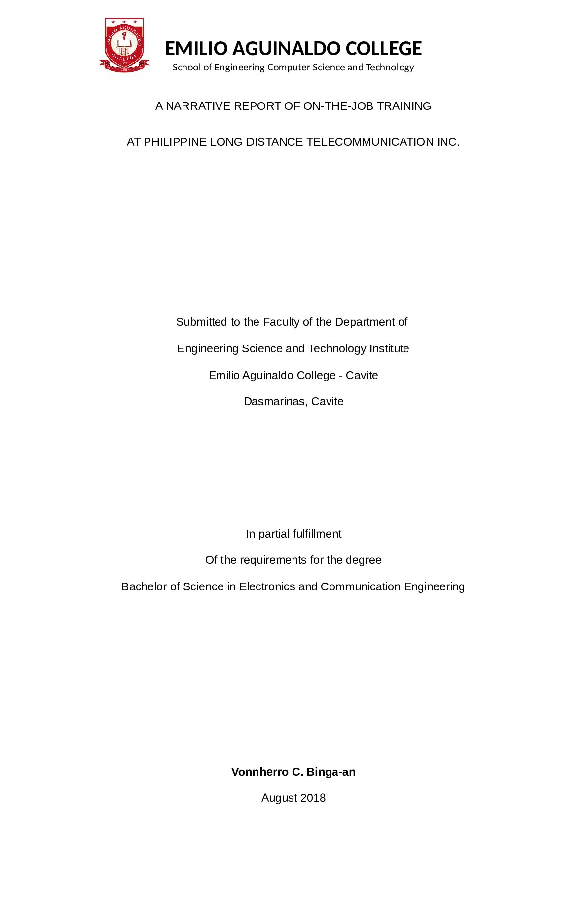EMILIO AGUINALDO COLLEGE School of Engineering Computer Science and Technology A NARRATIVE REPORT OF ON-THE-JOB TRAINING... preview image