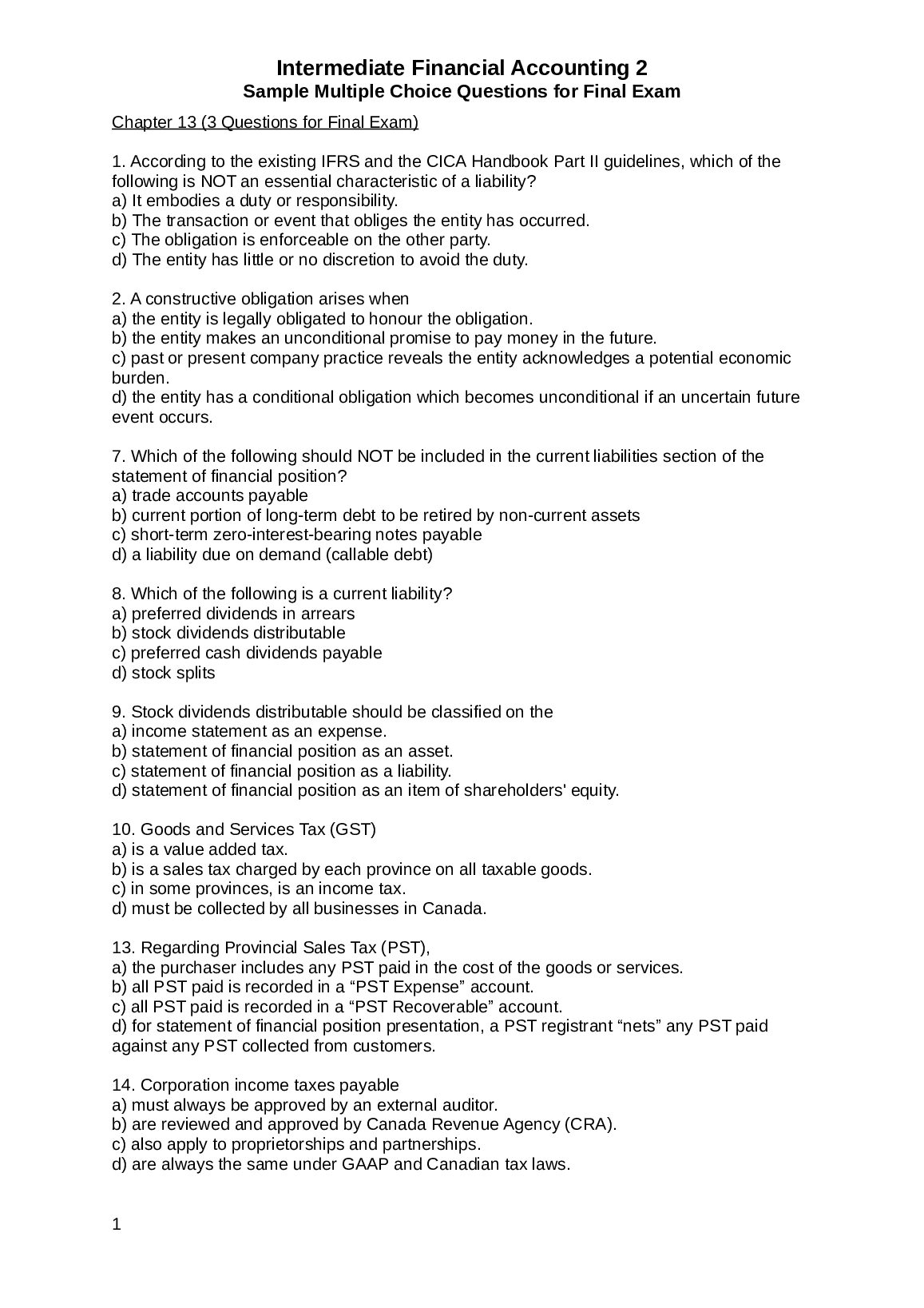 Intermediate Financial Accounting 2 Sample Multiple Choice Questions for Final Exam preview image