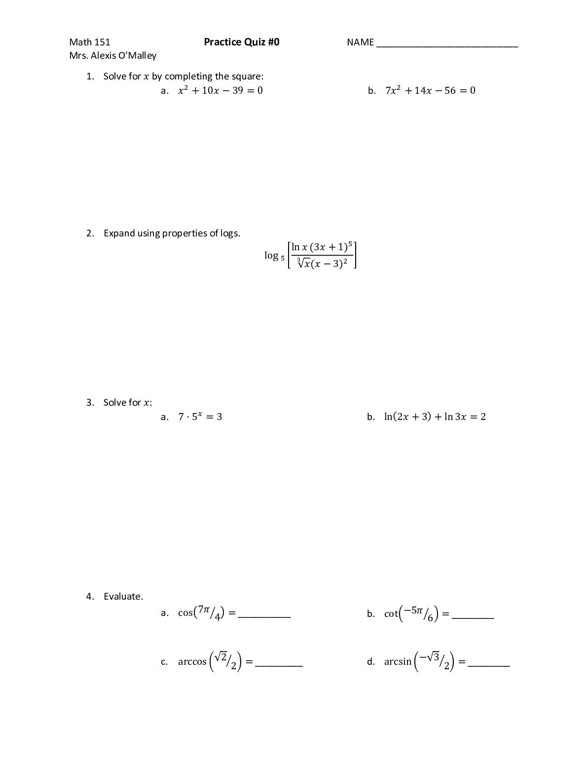 Math 151 Practice Quiz #0 preview image