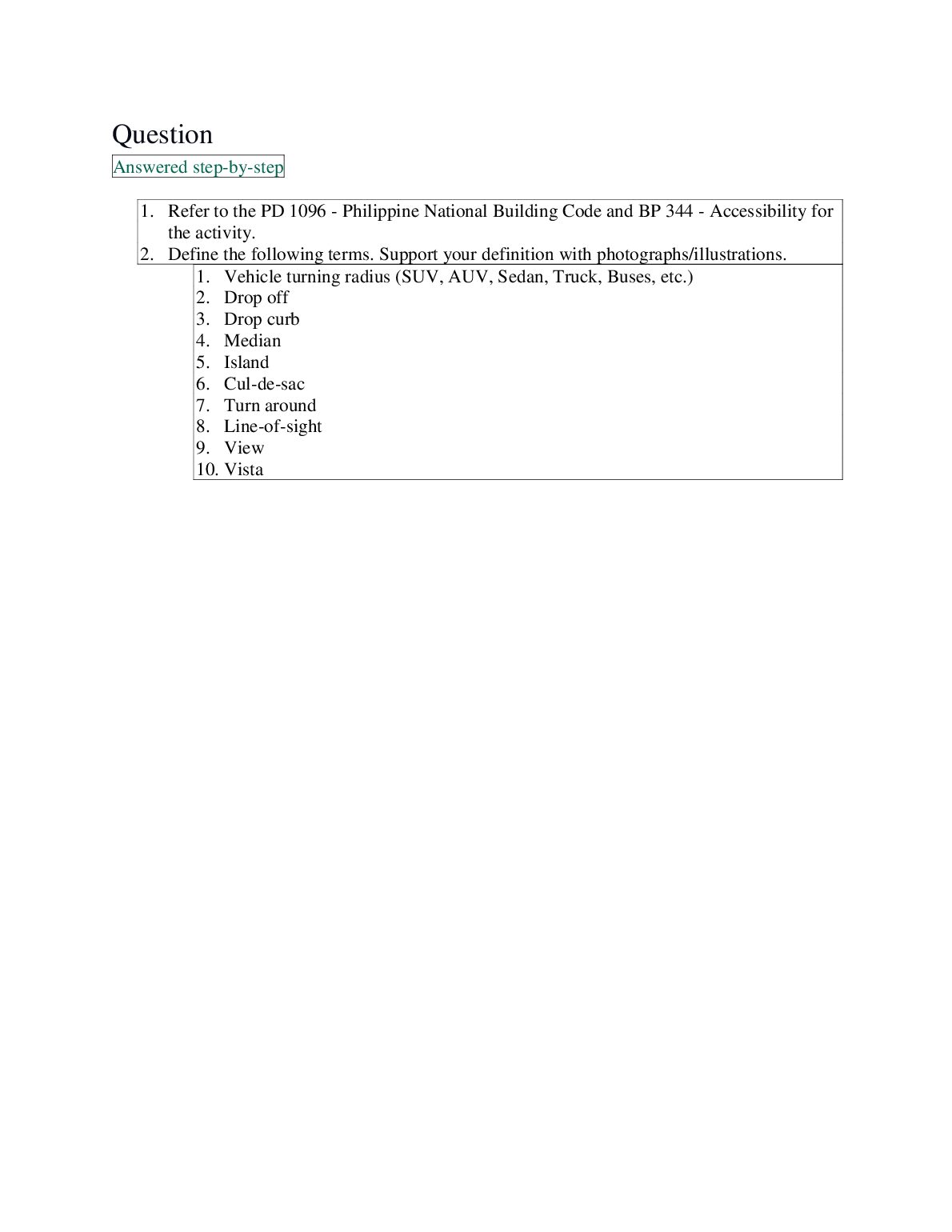 1. Refer to the PD 1096 - Philippine National Building Code and BP 344 - Accessibility for the activity preview image