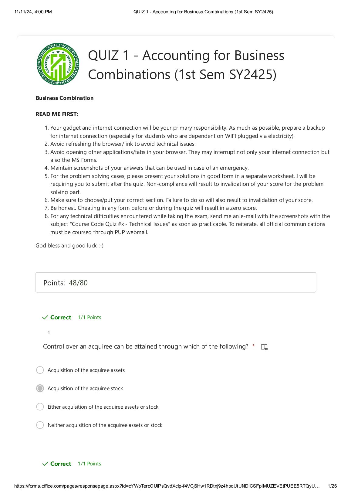 QUIZ 1 - Accounting for Business Combinations (1st Sem SY2425) preview image