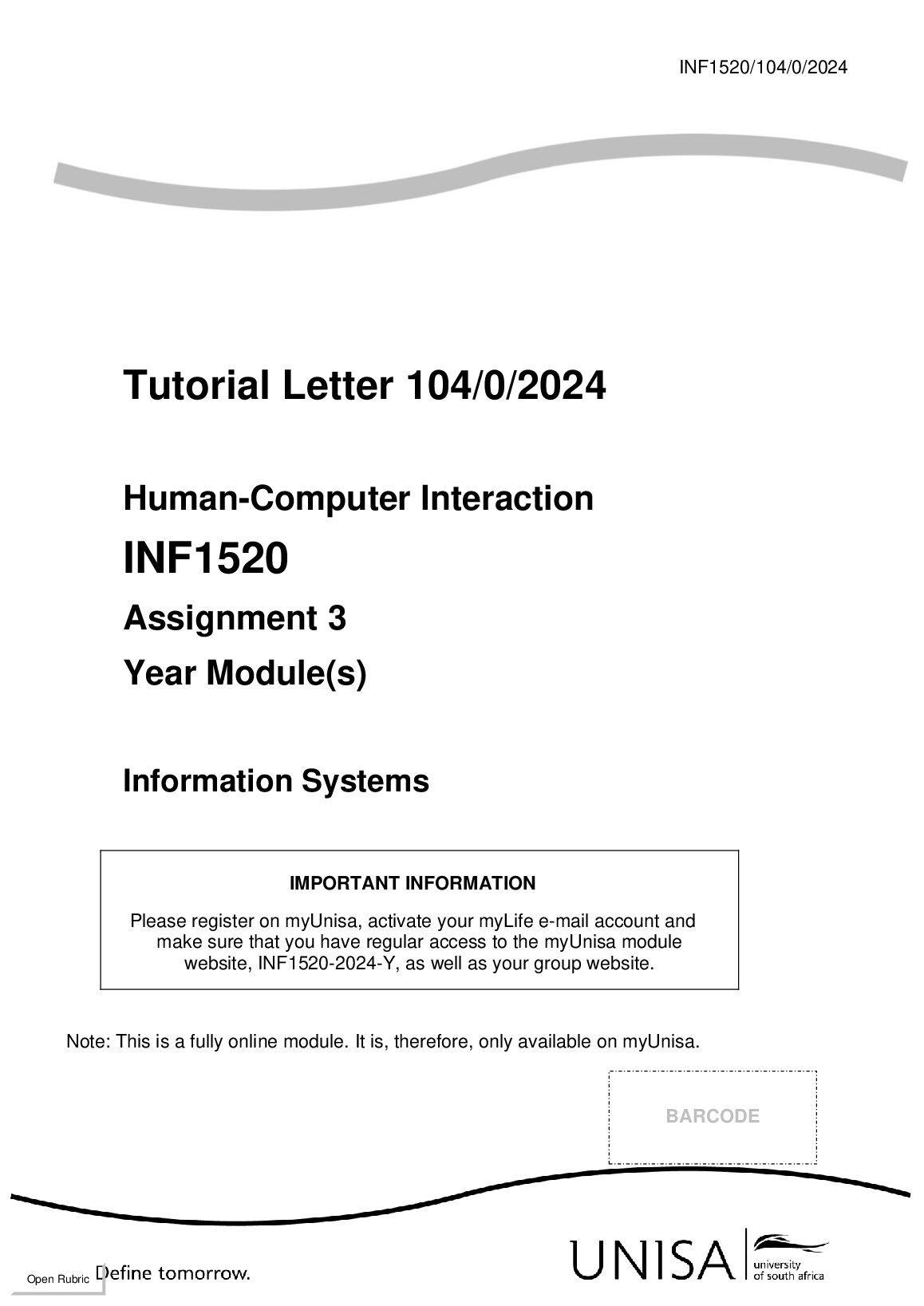 Tutorial Letter 104/0/2024 Human-Computer Interaction INF1520 Assignment 3 preview image