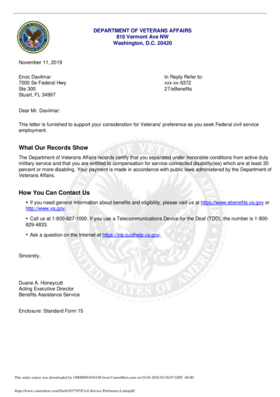 Civil Service Preference Letter DEPARTMENT OF VETERANS AFFAIRS 810 Vermont Ave NW Washington, D.C. 20420 preview image