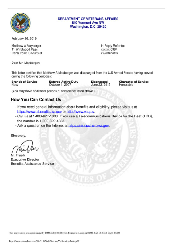 Service Verification Letter DEPARTMENT OF VETERANS AFFAIRS 810 Vermont Ave NW Washington, D.C. 20420 preview image