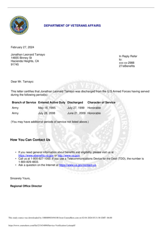 Service Verification Letter. DEPARTMENT OF VETERANS AFFAIRS preview image