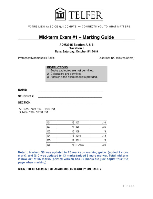 ADM3345 Midterm Exam #1 - Marking Guide. preview image