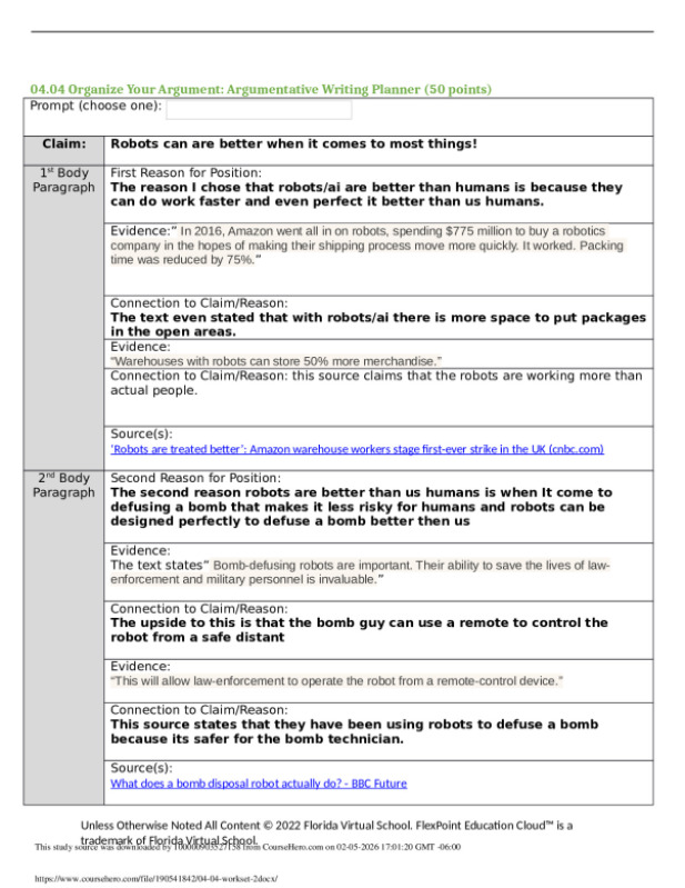 Claim: Robots can are better when it comes to most things! Argumentative Writing Planner (50 points) preview image