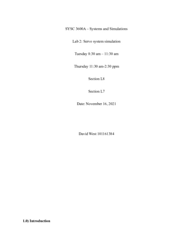 SYSC 3600A – Systems and Simulations Lab 2: Servo system simulation section L7/L8 preview image