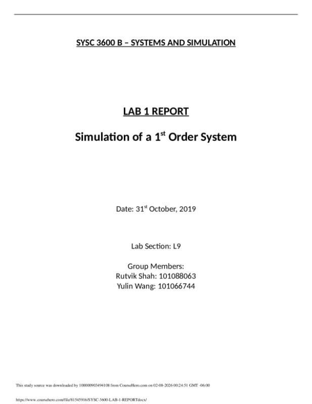 SYSC 3600 B – SYSTEMS AND SIMULATION LAB 1 REPORT Simulation of a 1stOrder System Lab Secton: L9 preview image