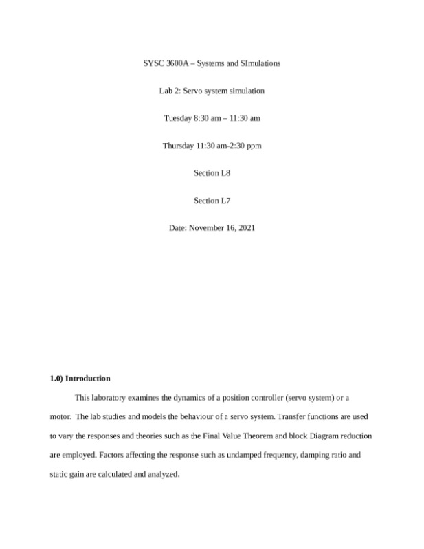 SYSC 3600A – Systems and SImulations Lab 2: Servo system simulation section L8/L7 preview image