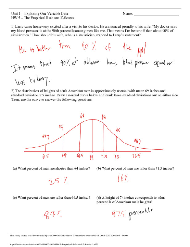 Unit 1 – Exploring One Variable Data  HW 5 – The Empirical Rule and Z-Scores document preview