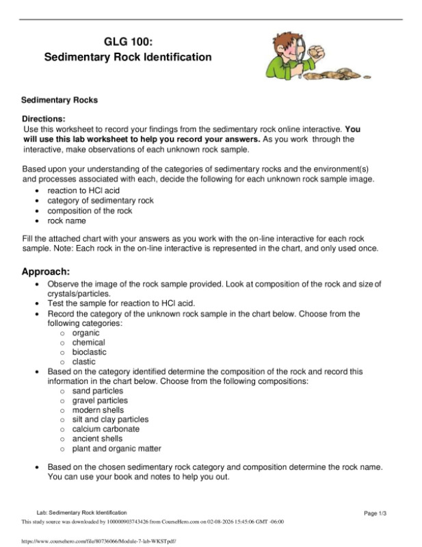 GLG 100:Sedimentary Rock Identification Module 7 lab Worksheet