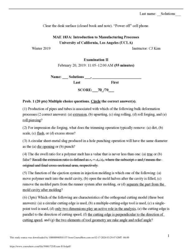 MAE 183A: Introduction to Manufacturing Processes University of California, Los Angeles (UCLA) preview image