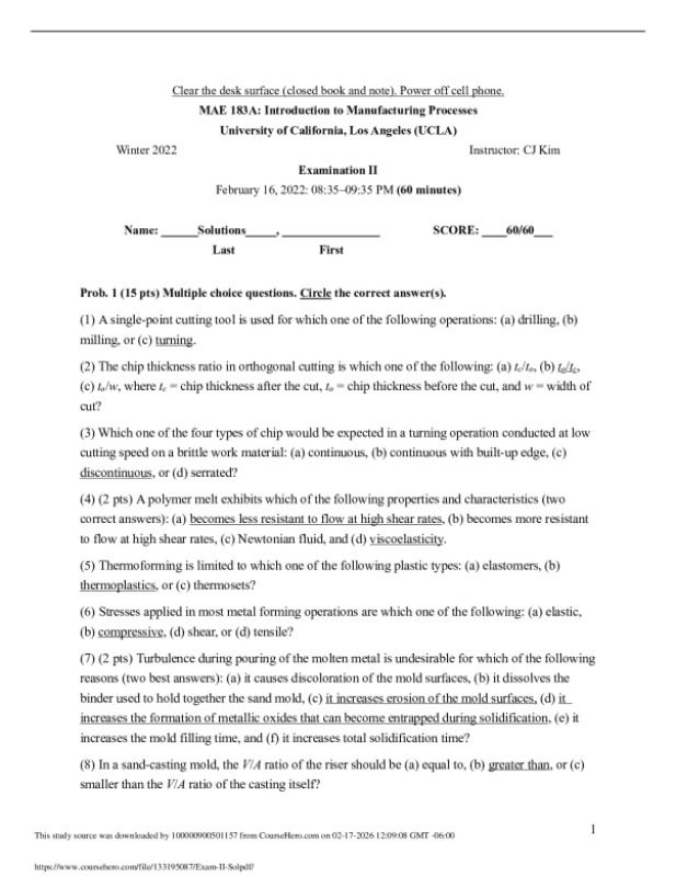 MAE 183A: Introduction to Manufacturing Processes University of California, Los Angeles (UCLA) preview image