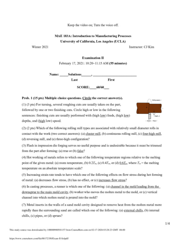 MAE 183A: Introduction to Manufacturing Processes University of California, Los Angeles (UCLA) preview image