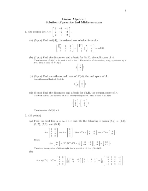 Linear Algebra I Solution of practice 2nd Midterm exam preview image
