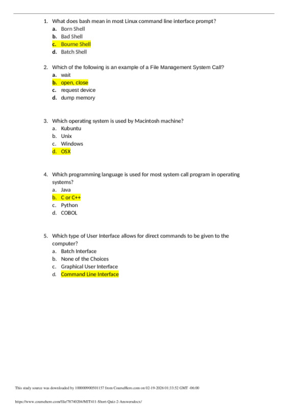 MIT411 Short Quiz 2 Answers. preview image