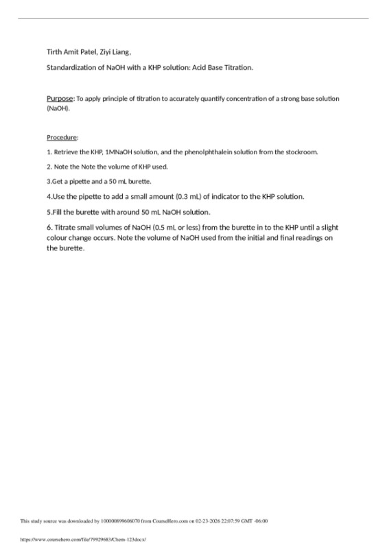 Chem 123 Standardization of NaOH with a KHP solution: Acid Base Titration preview image