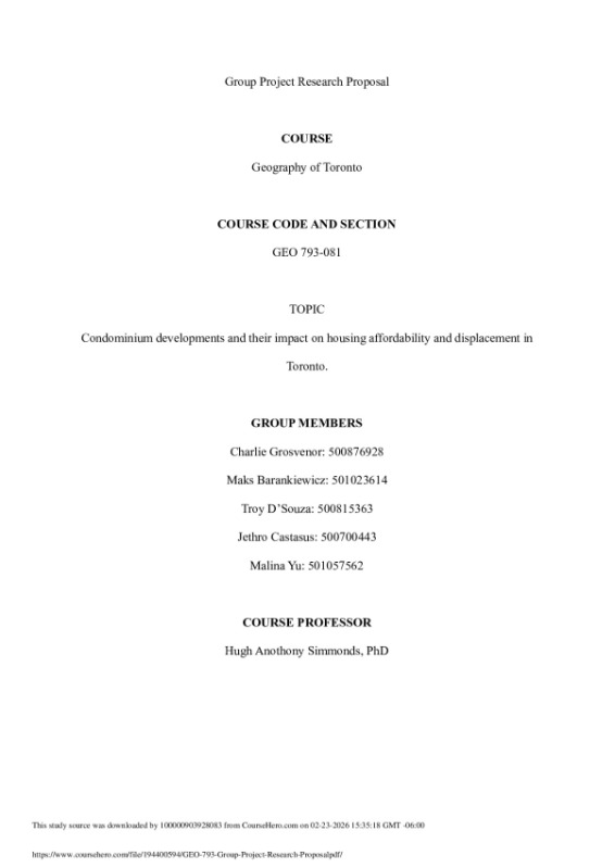 GEO 793-081 _ Group Project Research Proposal-Condominium developments and their impact on housing affordability and dis... preview image